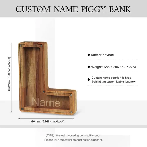 Miniatura 2 de Alcancía con nombre personalizado, 26 letras láser con texto personalizado, banco de monedas de madera, significado educativo, alcancía con nombre