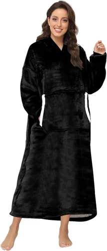 Sendowtek Manta Vestible para Mujeres y Hombres, Sudadera Larga Sherpa con Capucha y Bolsillo Grande, Manta con Capucha Cómoda de Gran Tamaño, Negro