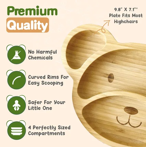 Miniatura 3 de Platos de bambú para niños - Platos para bebés y niños pequeños con succión para alimentación y destete, diseño de oso ecológico que promueve