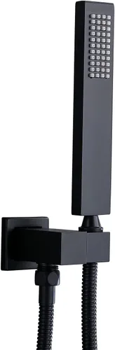 ENGA Cabezal de Ducha de Mano Cuadrado Negro Mate de Latón Sólido Eco-Rendimiento con Conector de Pared y Manguera Juego de Cabezales de Ducha de