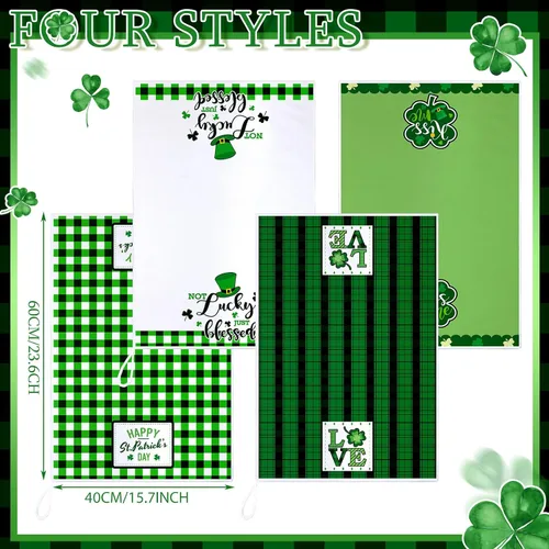 Miniatura 3 de Honoson 4 paños de cocina para el día de San Patricio, decoración de granja, tréboles de la suerte, gnomos, paños de cocina a cuadros, absorbentes