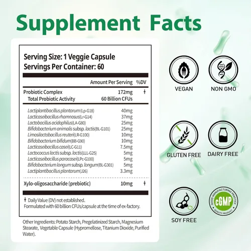 Miniatura 2 de Suplementos probióticos 60 mil millones de UFC, 11 cepas diversas prebióticos naturales para inmune, la salud intestinal digestiva apoya