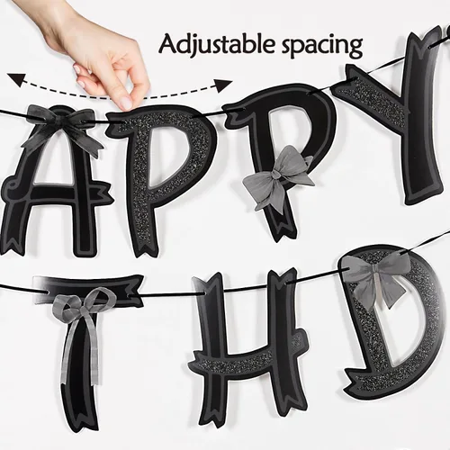 Miniatura 4 de Decoraciones de Cumpleaños con Lazo Negro Pre-encordado, Decoraciones de Fiesta Coqueta Negra, Suministros de Fiesta con Lazo Incluyen Pancarta