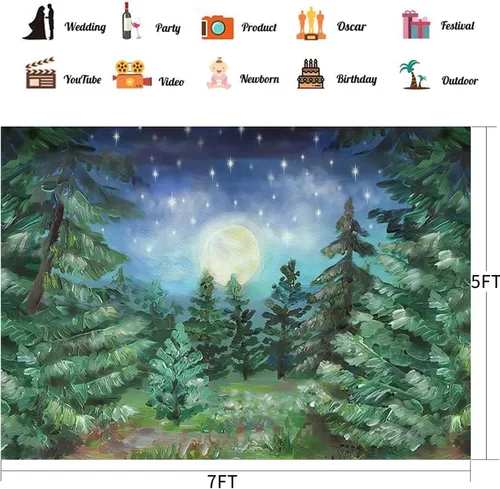 Miniatura 4 de Telón de fondo de bosque nocturno estrellado de 5 x 3 pies, selva, noche, luz de luna, bosque, pino, luna grande, fondo de fotografía, fondo