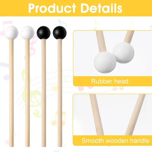 Miniatura 3 de 4 mazos de tambor de lengua de acero, mazos de tambor de goma de 5.9 pulgadas para xilófono, instrumentos musicales, mazo de madera de abedul