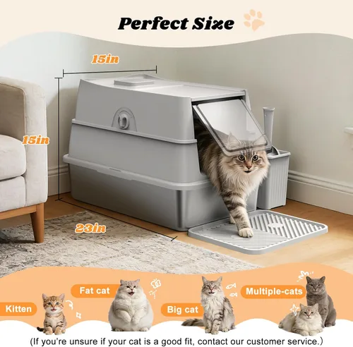 Miniatura 7 de Caja de arena de acero inoxidable con tapa Caja de arena cerrada extragrande para gatos grandes Cajas de arena de metal de alta cara 100%