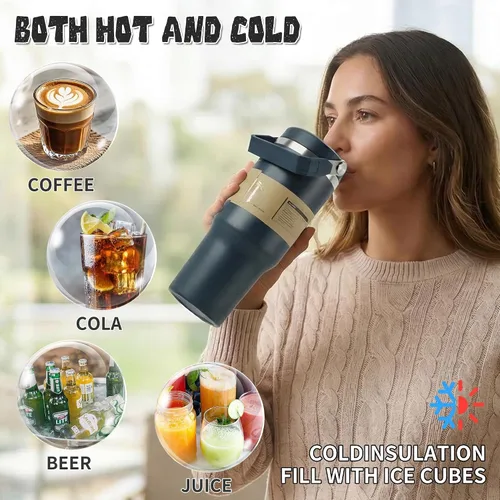 Miniatura 6 de Botella de agua aislada con pajilla abatible de 30 onzas con asa, vaso de acero inoxidable a prueba de fugas, taza de café de viaje al vacío
