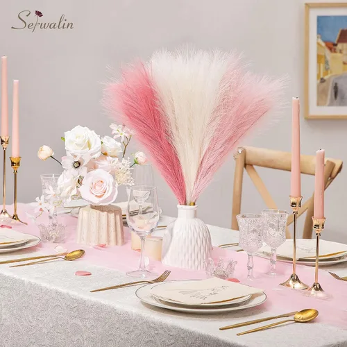 Miniatura 3 de Serwalin 12 piezas de hierba de Pampas rosa, decoración de hierba de Pampas falsa rosa de 17.7 pulgadas, hierba de Pampas artificial corta rosa Un