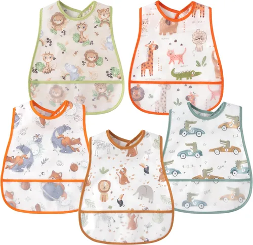 Miniatura 10 de R HORSE Juego de 5 baberos para bebés con bolsillo para atrapar migas y botón a presión, baberos impermeables para bebés de 6 a 24 meses Animal