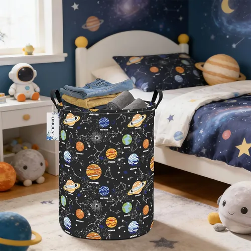 Miniatura 4 de Cesta de lavandería para niños, grande, plegable, redonda, con sistema solar, con temática espacial, organizador de planetas de tela impermeable