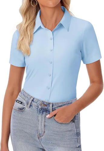 Miniatura 11 de siliteelon Camisa de vestir con botones para mujer, ajustada, elástica, de manga corta, sin arrugas, sólida, formal, para el trabajo