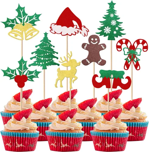 Miniatura 18 de Paquete de 24 Adornos para Cupcakes de Feliz Navidad, Adornos para Cupcakes para Revelación de Género, Adornos para Cupcakes de Árbol de Navidad, 5