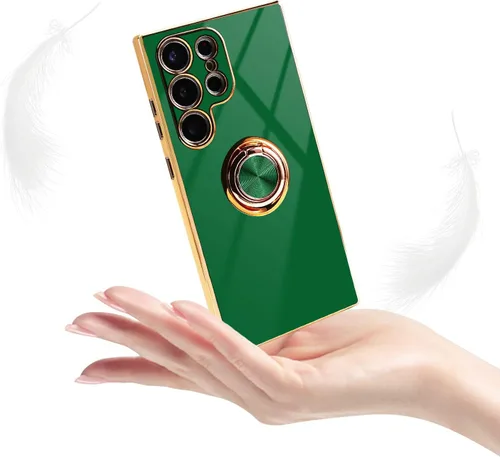 Miniatura 7 de Funda para Samsung Galaxy S23 Ultra 5G, soporte de anillo de rotación de 360° incorporado, soporte magnético, borde chapado brillante de lujo, Verde