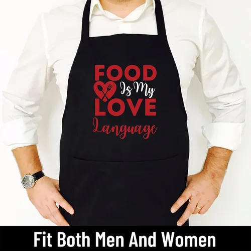 Miniatura 2 de Food Is My Love Language Foodie Chef Food Lover Blogger Delantales negros 1 tamaño para todos los hombres y mujeres Delantal de cocina, Negro
