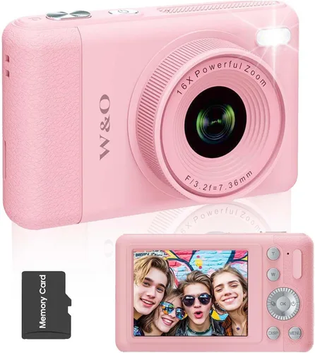 W&O Cámara digital, cámara para niños, cámaras digitales para apuntar y disparar para niños, con pantalla LCD de 2.8 pulgadas, 64 MP, zoom de 16X,