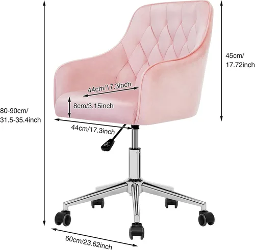 Miniatura 2 de VANSPACE Silla de escritorio de terciopelo para maquillaje con ruedas y respaldo, silla de oficina en casa, silla giratoria ajustable para Rosa