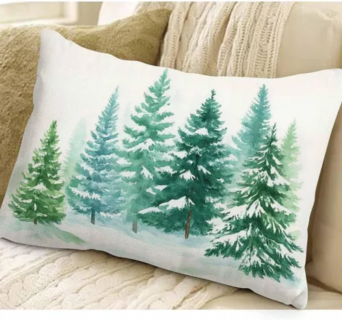 Miniatura 3 de EKOBLA Funda de almohada decorativa con pintura de acuarela, fundas de almohada de coníferas, bosque, invierno, nieve, paisaje, cintura verde