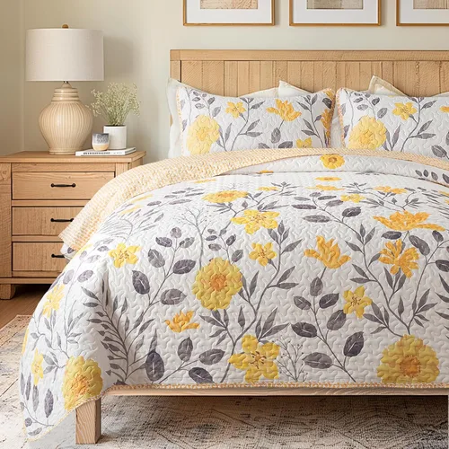 Soul & Lane May Flowers - Juego de edredón gris y amarillo, tamaño individual con 1 funda, colcha acolchada floral ligera de verano, ropa de cama