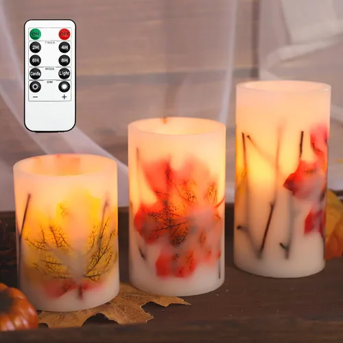 Crystal Club Velas de otoño sin llama con control remoto y temporizador, hojas de arce otoñales, velas LED parpadeantes para decoración de otoño,