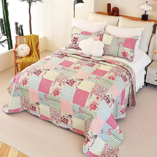 Miniatura 3 de Cmfshape - Juego de edredón de verano floral King acolchado, juego de edredón rosa romántico King, juego de ropa de cama reversible cosido para Rosa