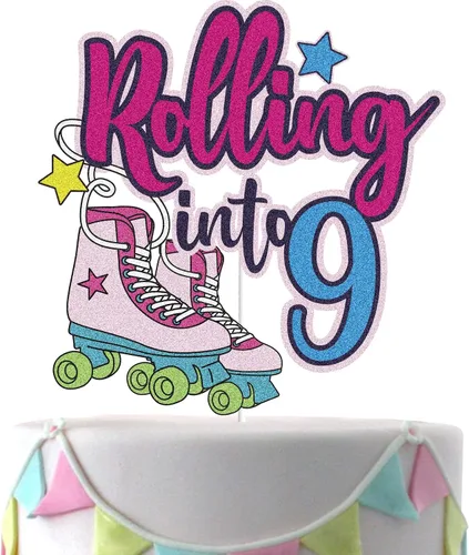 Decoración de pastel de 9 años, diseño de patín de 9 años, decoración de pastel de 9 años, colorido, retro, para niñas, club, hip hop, fiesta,
