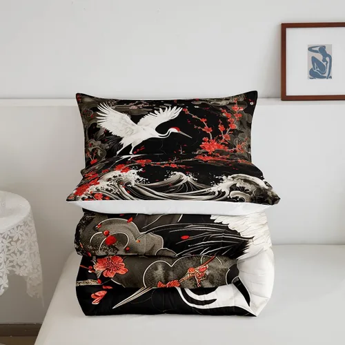 Miniatura 5 de Manfei Juego de edredón de flor de cerezo para niños, tamaño individual, juego de ropa de cama de animales salvajes con grúa Ukiyo-e japonés