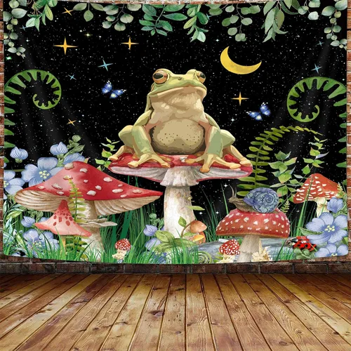 JAWO Tapiz bohemio de hongos de rana, estrellas de luna para colgar en la pared, divertida decoración de casa de campo para dormitorio, sala de
