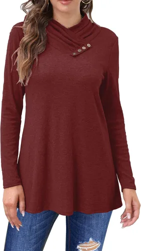 Miniatura 2 de Bluetime Camisetas de otoño para mujer, cuello vuelto, manga larga, estilo túnica, casuales, holgadas