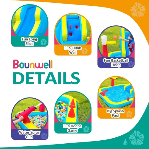 Miniatura 3 de Tobogán acuático inflable, Tobogán de agua inflable con pared de escalada, Tobogán de agua para niños en el patio trasero con aro de baloncesto