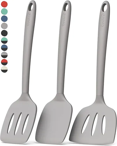 Miniatura 15 de Coukre Juego de 3 espátulas de silicona, resistentes al calor, sin BPA, espátula de pescado, espátula sólida y ranurada para sartenes negro puro