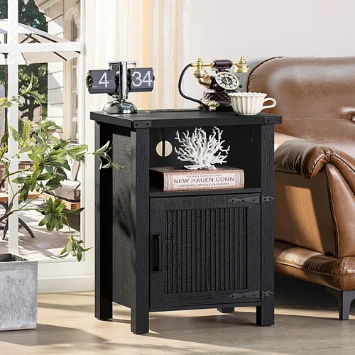 Miniatura 3 de Joaxswe Mesita de noche rústica de 18 pulgadas con estación de carga y puerto USB, mesa auxiliar rústica para sofá con puerta magnética, mesas Negro