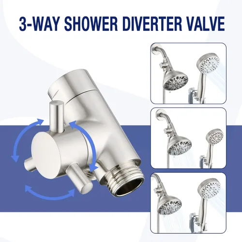 Miniatura 4 de PDPBath Válvula desviadora de brazo de ducha de 3 vías de latón para cabezal de ducha de mano y cabezal de ducha fijo, conexión universal G1/2