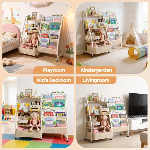 Miniatura 7 de Estantería para niños y almacenamiento de juguetes para habitaciones de niños, estantería para bebés con 4 estantes de eslinga y organizador