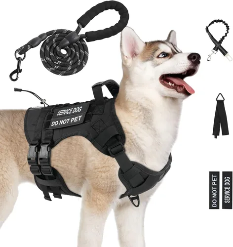 Miniatura 18 de Arnés táctico sin tirones para perros grandes, juego de arnés y correa para perro, Molle a prueba de escapes, arnés ajustable para perro de servicio
