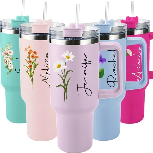 Miniatura 9 de ThermoThrill Se envía al día siguiente, vaso personalizado de 40 onzas con asa y pajita Vaso personalizado con texto Taza de acero inoxidable
