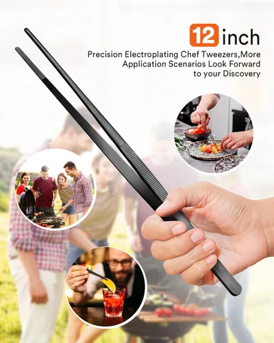 Miniatura 2 de Pinzas de cocina finas para cocinar, pinzas de acero inoxidable negro para alimentos, puntas dentadas de precisión multifuncionales, pinzas