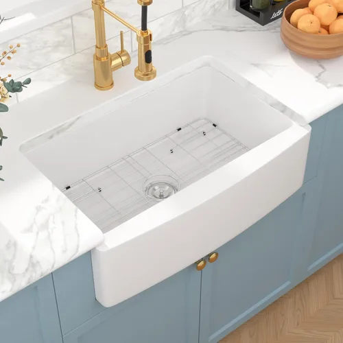 Miniatura 14 de Sarlai - Fregadero de cocina de granja blanco de 33 pulgadas, fregadero de 84 x 51 cm con delantal frontal de cerámica de porcelana vítrea