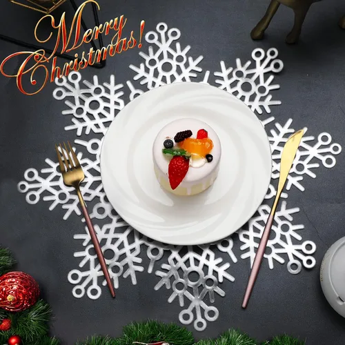 Miniatura 6 de Eccliy Juego de 12 manteles individuales plateados con copos de nieve de 15 pulgadas, vinilo prensado metálico, lavable, resistente al calor