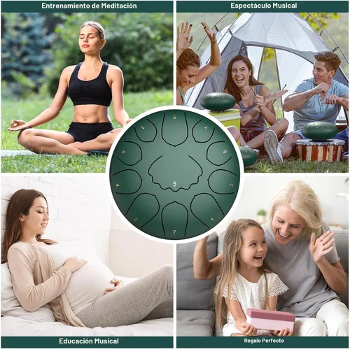 Miniatura 7 de Tambor de lluvia para jardín exterior, tambor de lengua de acero de 8 pulgadas, 11 notas, campanilla de lluvia de meditación impermeable, Verde