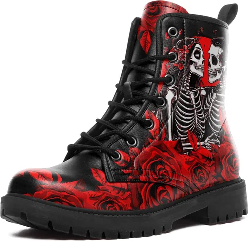 Miniatura 14 de Botines de combate para mujer, con estampado de corazón, botines cortos de moda con rosas y calavera, botas de trabajo duraderas con cordones