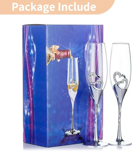 Miniatura 6 de Juego creativo de corazón con copas de champán de diamantes, copas de boda para novia y novio, juegos de regalo de tazas de brindis para parejas