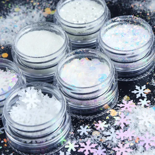 Miniatura 4 de Polvo blanco con purpurina para uñas, copos de nieve, lentejuelas para uñas, 6 frascos, copos de nieve de invierno, kit de polvo para decoración