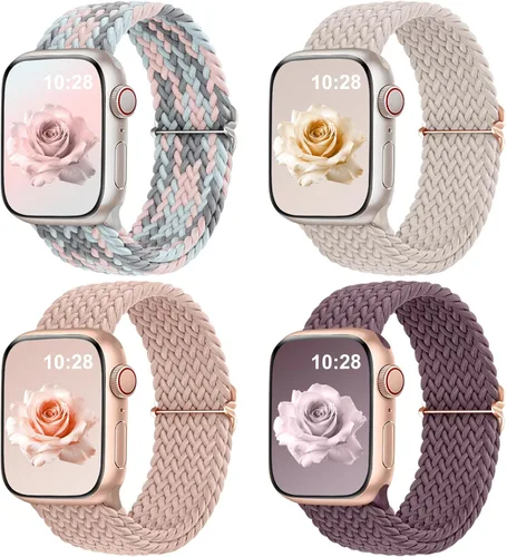 Miniatura 20 de DaQin Paquete de 4 correas elásticas trenzadas Solo Loop para Apple Watch para mujeres y hombres, de 1.575 pulgadas, 1.614 pulgadas, 1.654 pulgadas
