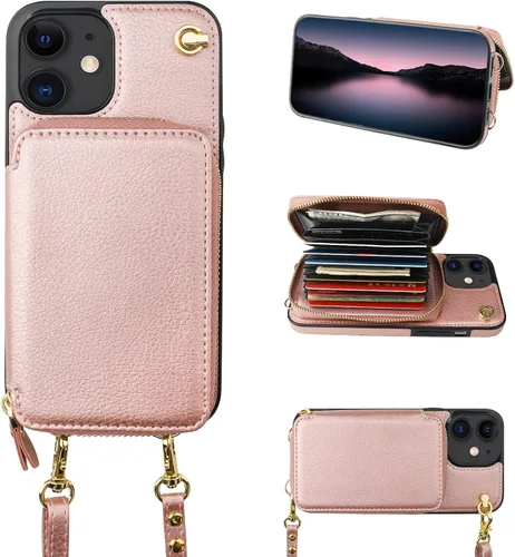 Miniatura 11 de Bocasal Funda tipo cartera cruzada para iPhone 12/12 Pro, funda de piel con bloqueo RFID y soporte para tarjetas, funda protectora con cremallera