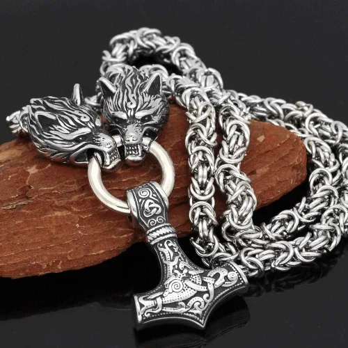 Miniatura 2 de GuoShuang Wolf Head with Thor Mjolnir Pendant Necklace Stainless Steel - King Chain