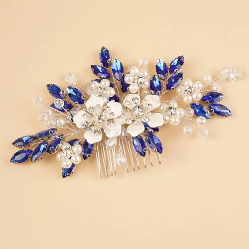 Miniatura 3 de Peine de pelo con diamantes de imitación de cristal azul plateado, perlas, lágrima, diamantes de imitación, diadema de boda para mujeres y niñas