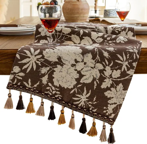 Miniatura 10 de Camino de mesa botánico floral para sala de estar, camino de mesa de comedor de flores jacquard con borlas, moderno, decorativo, elegante, natural
