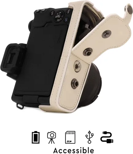 Miniatura 3 de MegaGear Canon EOS M50 - Funda de piel sintética para cámara, diseño siempre listo con acceso a la batería, lente de 0.591-1.772 in, color blanco