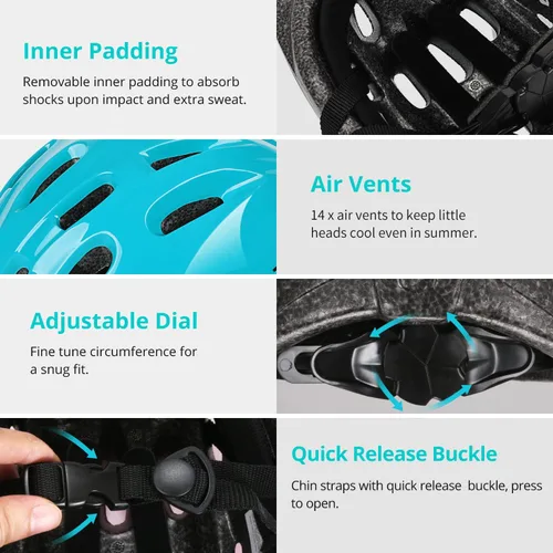 Miniatura 4 de Casco de bicicleta para niños pequeños, casco multideportivo ajustable para niños y niñas Azul Aqua