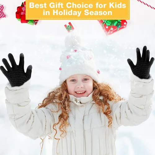 Miniatura 3 de SATINIOR 8 pares de guantes de invierno para niños, forro polar, guantes de punto elástico para pantalla táctil, guantes cálidos para niños, Negro